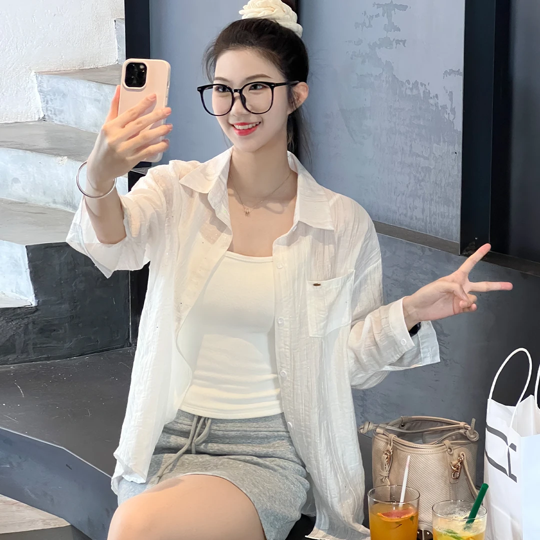 2024夏季新款白色防晒衬衫女宽松Polo领衬衣休闲开衫潮品上衣外套