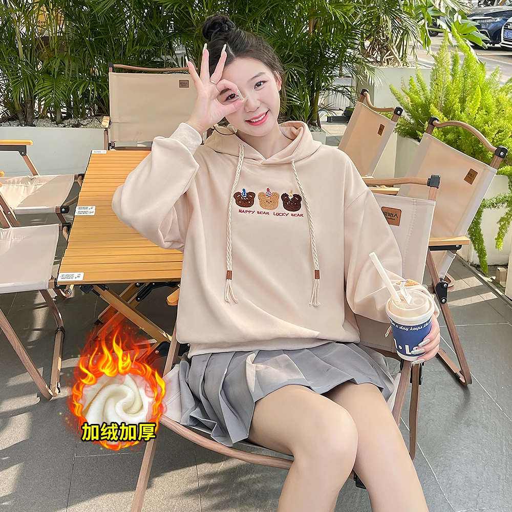 2025春季新款加绒加厚宽松百搭韩版刺绣连帽休闲减龄保暖卫衣女装