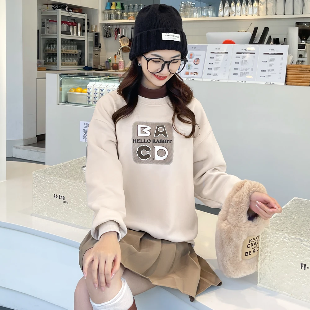 2025新款春季加绒加厚韩版宽松百搭高领长袖卫衣女设计感上衣外套