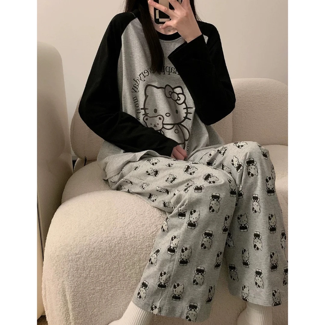 胸垫版睡衣纯棉秋冬新款韩系休闲长袖长裤套装（小熊kitty猫）