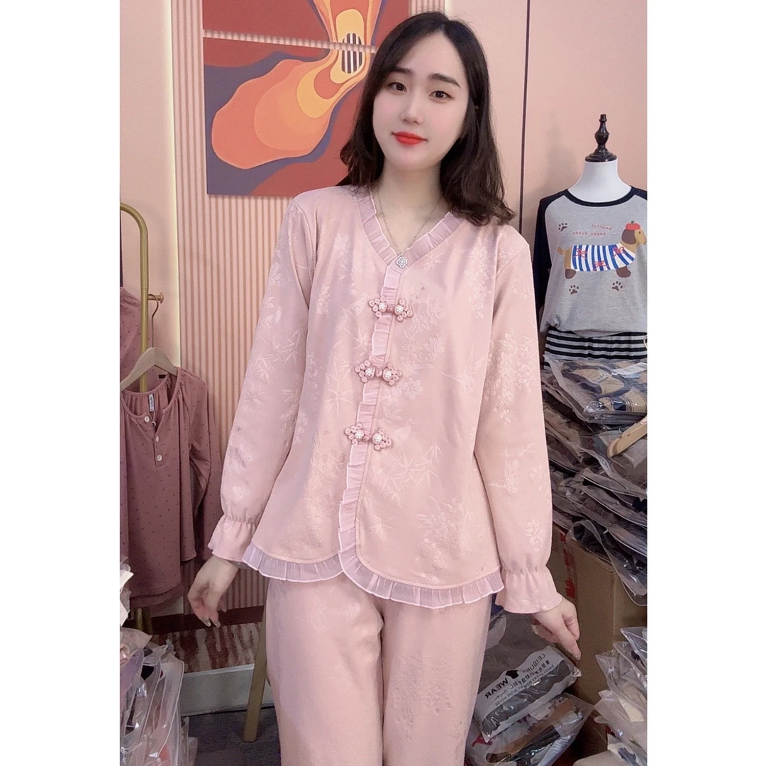 睡衣女冬季新款德绒长袖长裤新中式可外穿家居服套装（粉色佳人）