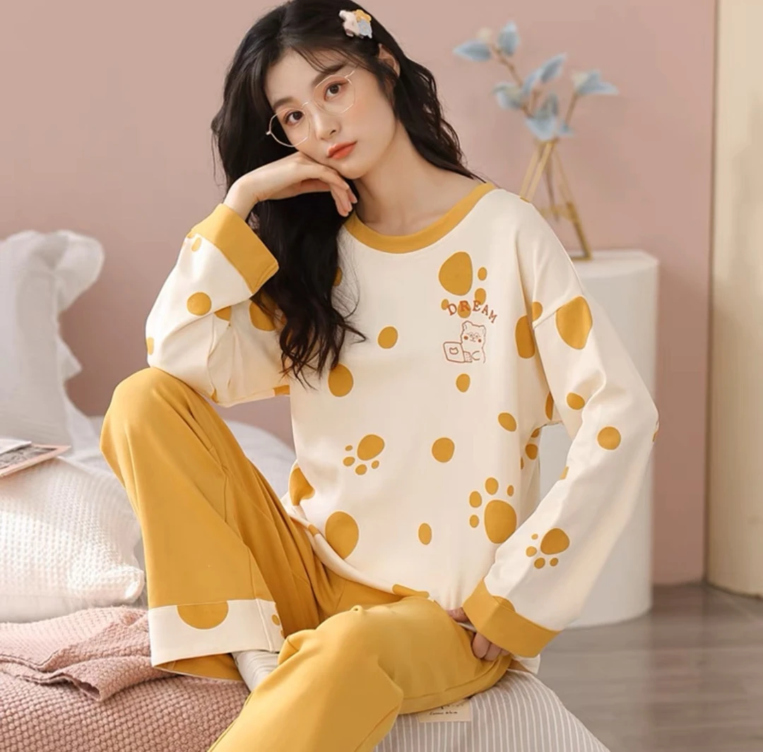 带胸垫版睡衣双面纯棉秋冬新款可爱卡通印花家居服套装（熊掌）