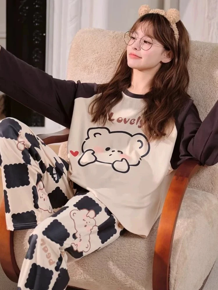 睡衣女冬季新款长袖纯棉韩版甜美休闲宽松家居服套装（快乐小熊）