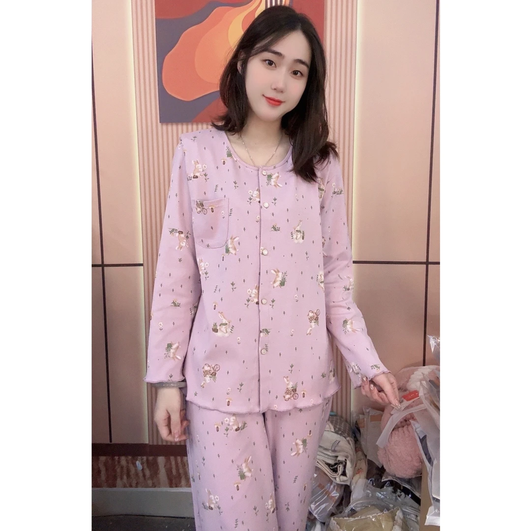 睡衣女冬季新款纯棉长袖长裤韩版甜美休闲家居服套装（花海兔子）
