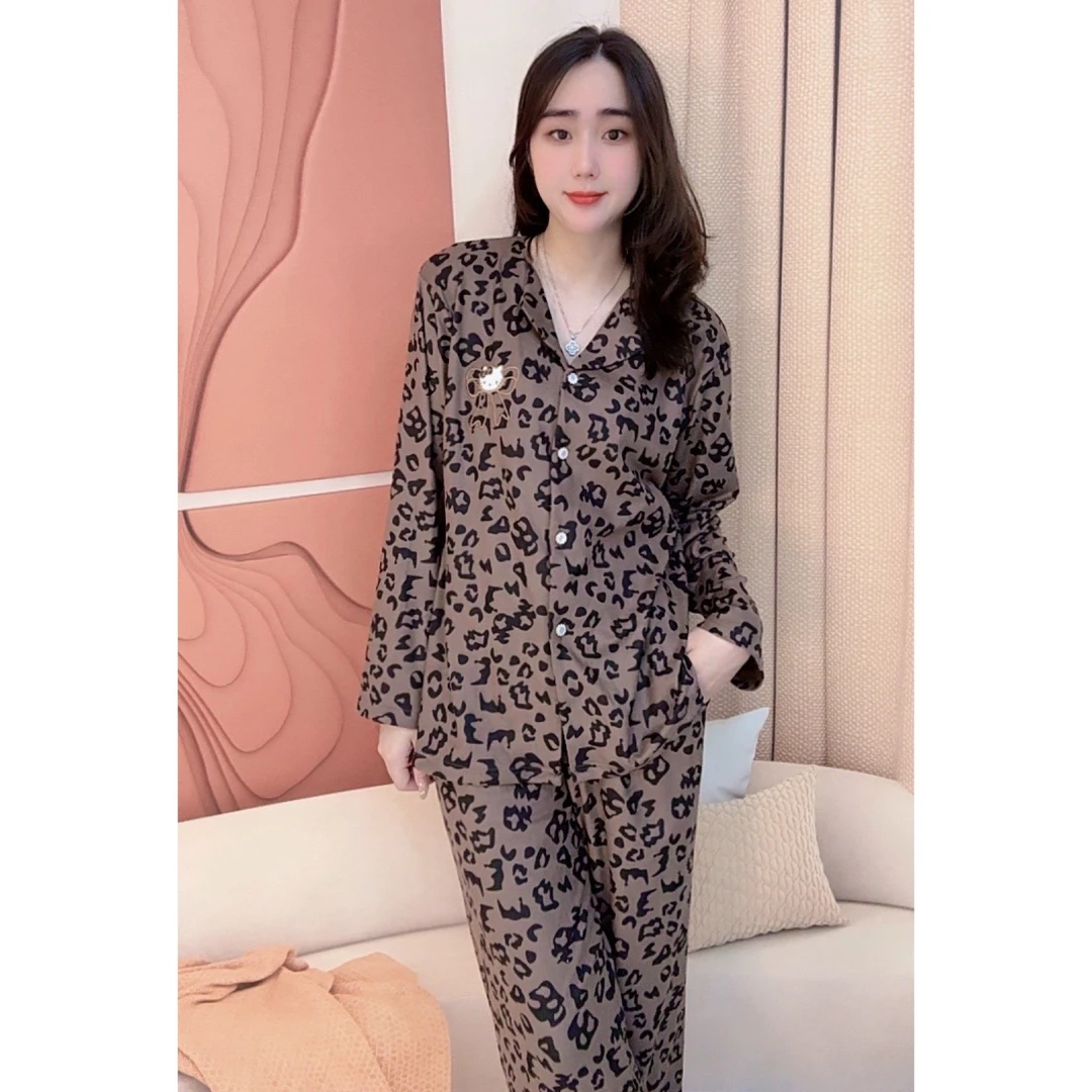 冬季加厚睡衣女新款德绒长袖长裤韩版时尚可外穿家居服（豹纹KT猫）