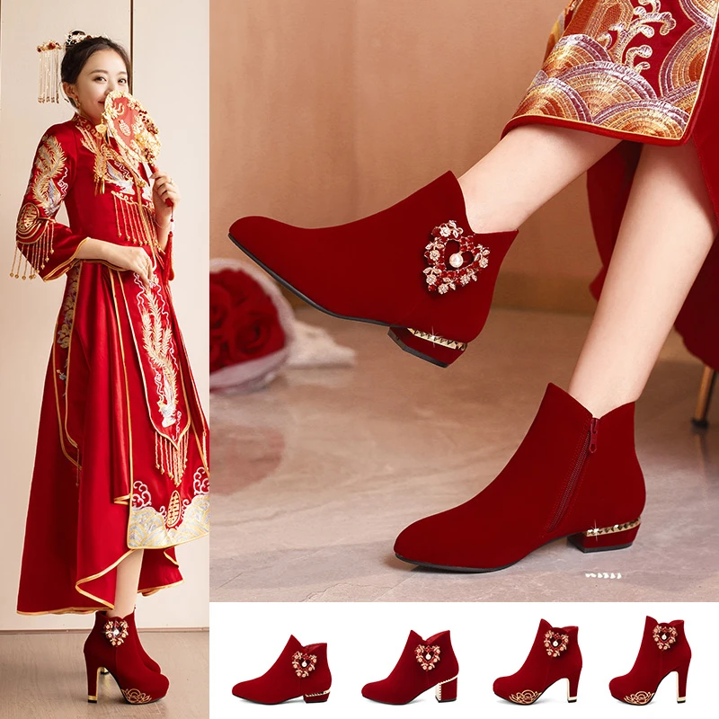 秋冬新娘鞋靴中式粗跟婚鞋女酒红色圆头舒适婚纱结婚鞋靴秀禾红鞋