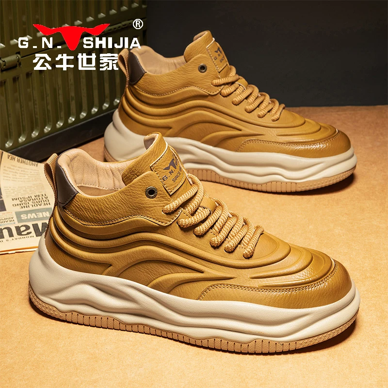 公牛世家男鞋秋冬小众设计感厚底增高运动鞋男士户外高帮老爹潮鞋
