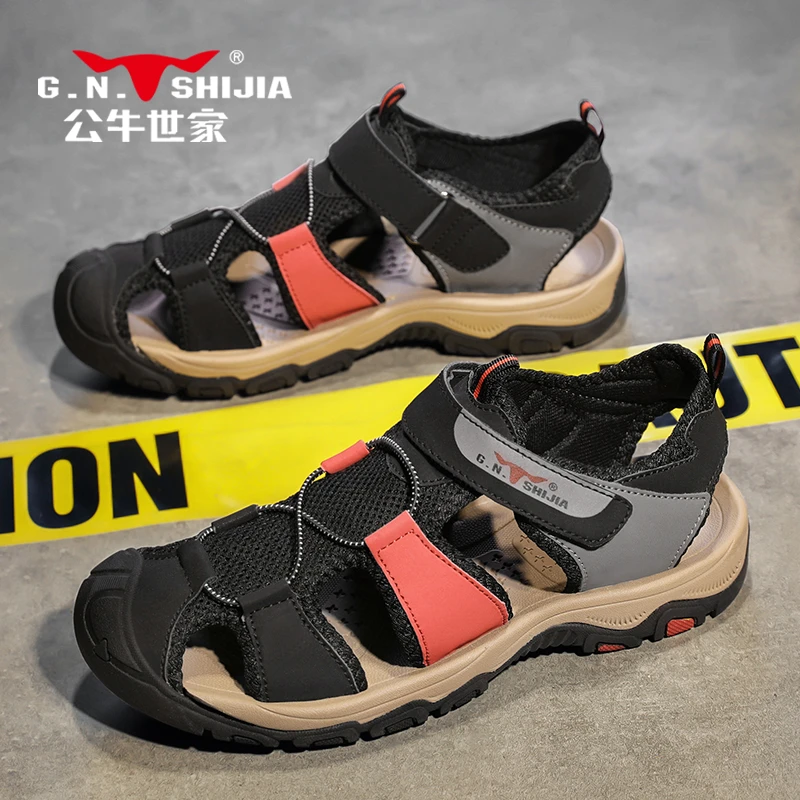 公牛世家男鞋夏季透气网面镂空包头运动凉鞋男防滑休闲户外沙滩鞋