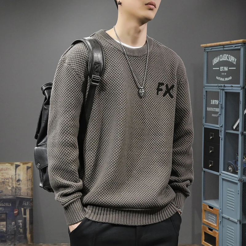 美式宽松大码秋季新款潮日系复古毛衣男士圆领休闲秋冬大码毛线衣