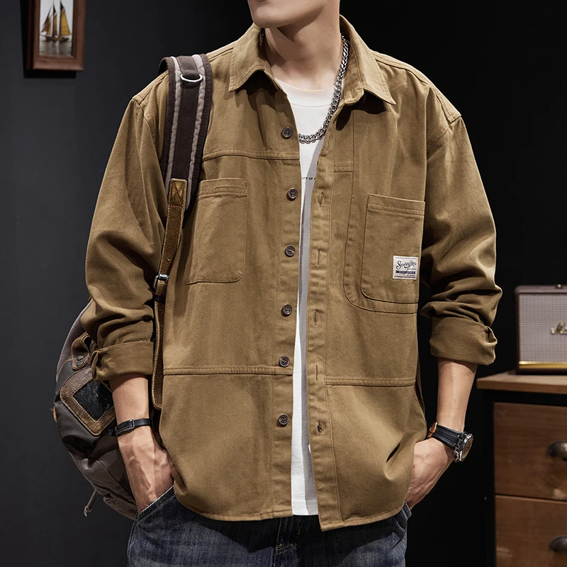美式新款大码衬衫外套男士初秋美式衬衣春秋季重磅卡其色长袖猎装