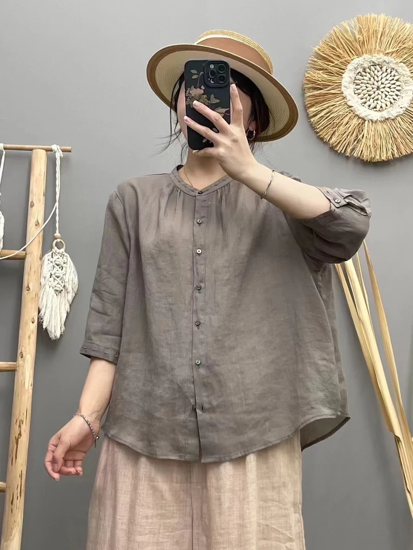 【YOU米】苎麻撞色子母绣小领衬衫 8813