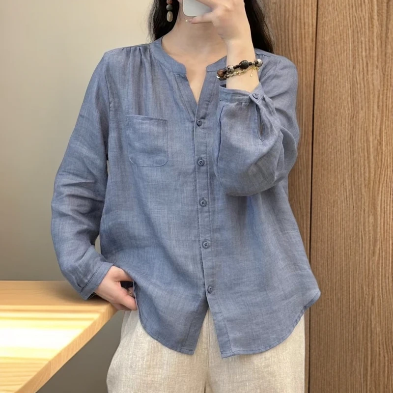 【YOU米】新款长袖100苎麻极简风衬衫百搭纯色衬衣