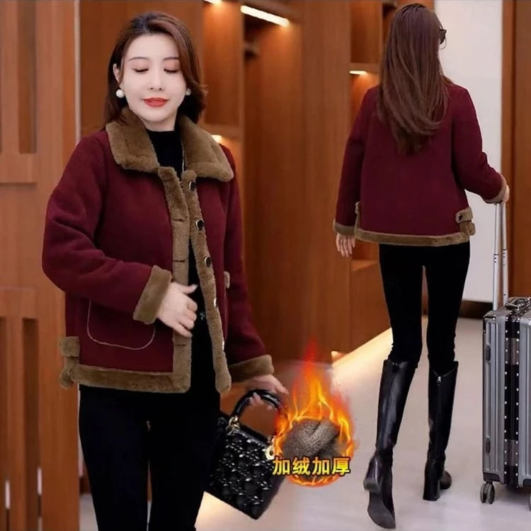 2024冬季加绒加厚短款毛呢外套保暖时尚中年妈妈装宽松百搭款秋冬