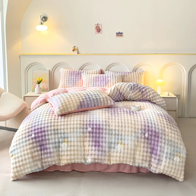 【群艳专属】达芬奇家纺 高克重牛奶绒泡泡绒印花四件套-满天星