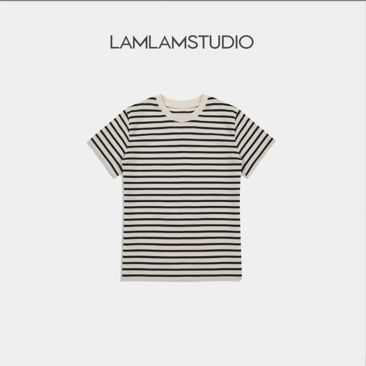 LAMLAM 张一琳“布列塔尼”黑白打底衫短袖T恤夏季条纹百搭圆领上衣