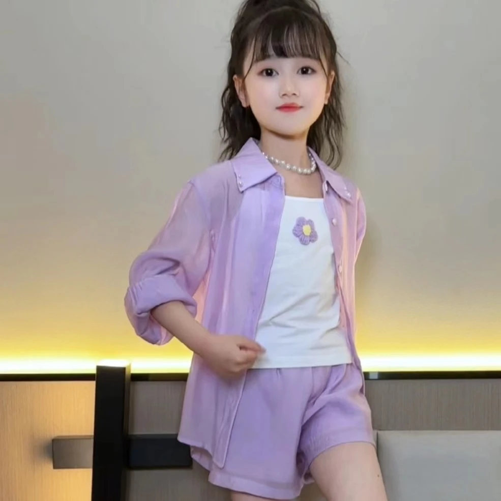 女童防晒衣套装2023新款儿童休闲三件套女孩长袖薄款吊带衬衫短裤