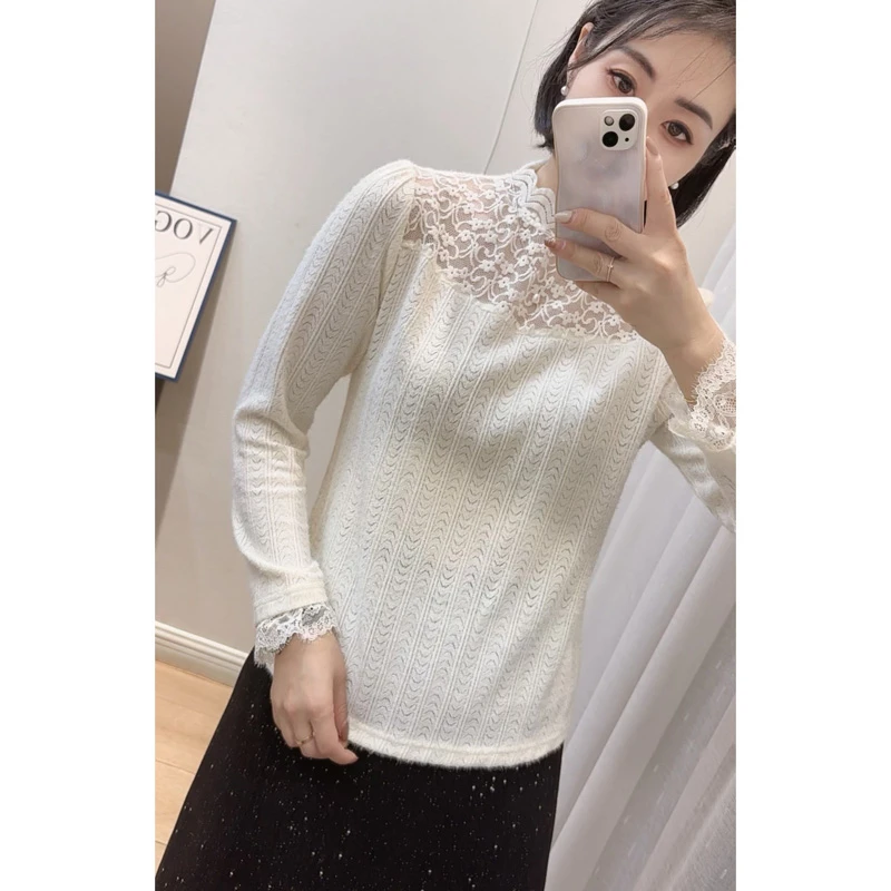 时尚款拼接半高领蕾丝衫24193