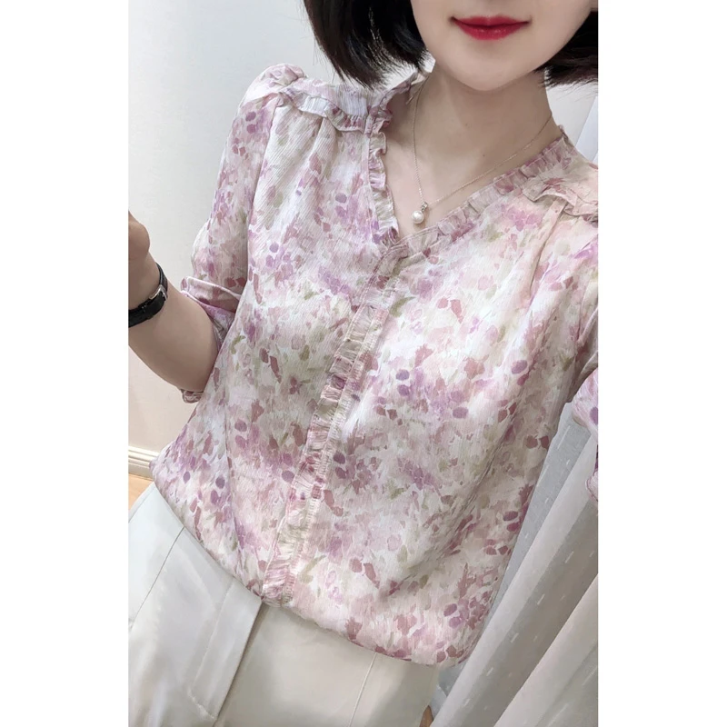小荷叶边设计花色小衫24106