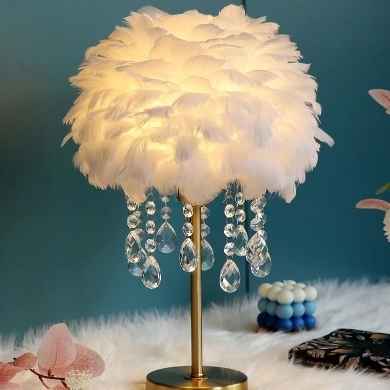羽毛水晶台灯卧室高级感创意北欧床头灯浪漫粉色床头羽毛结婚灯潮