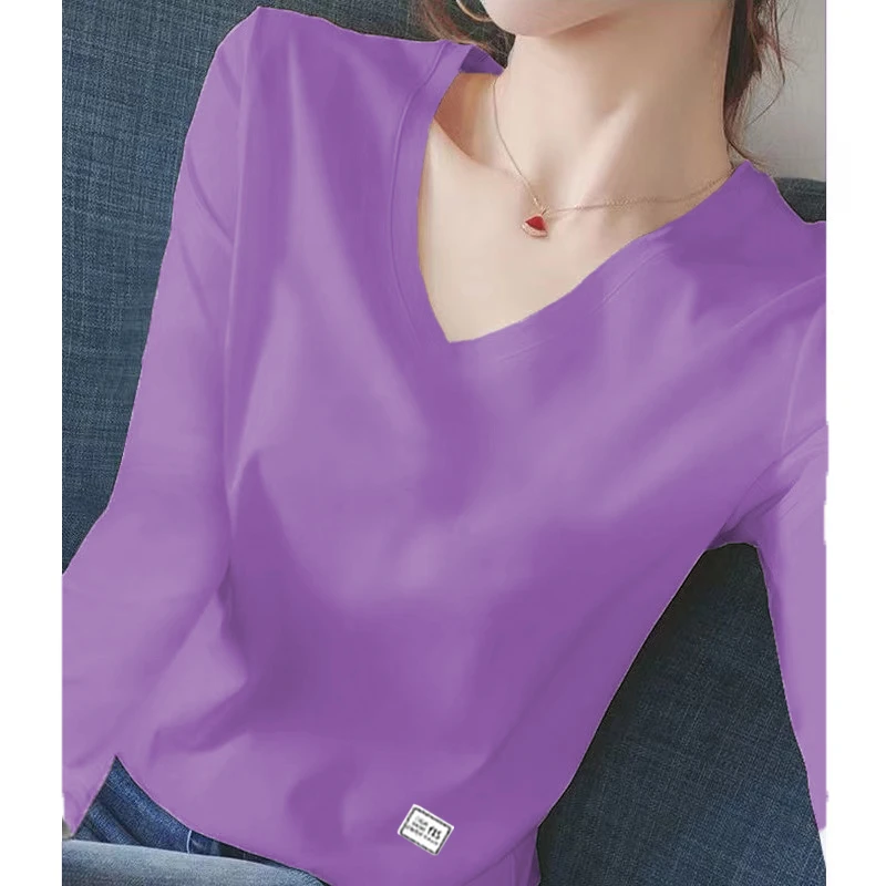 时尚宽松纯棉春秋休闲大码显瘦V领长袖t恤洋气百搭胖MM上衣女ins