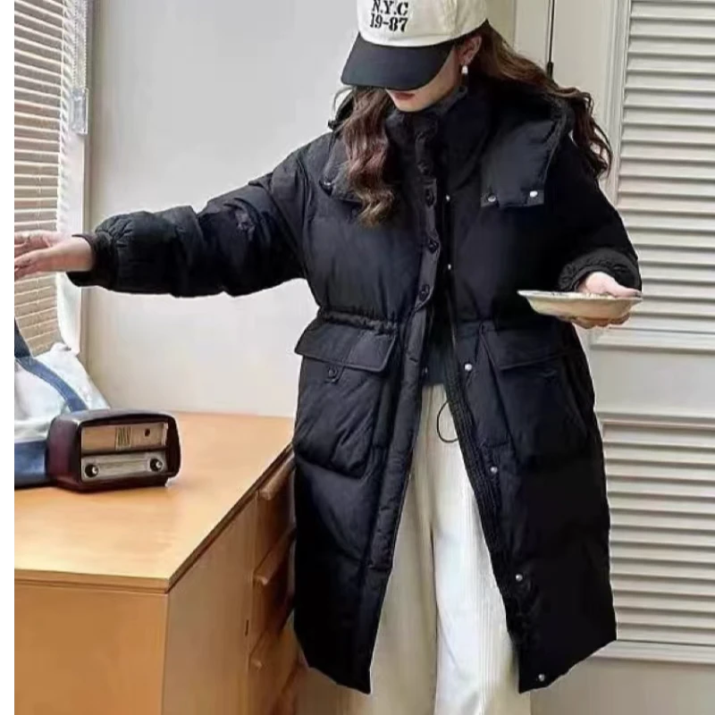 T羽绒服女中长款白鸭绒时尚气质女连帽羽绒服收腰百搭休闲冬季