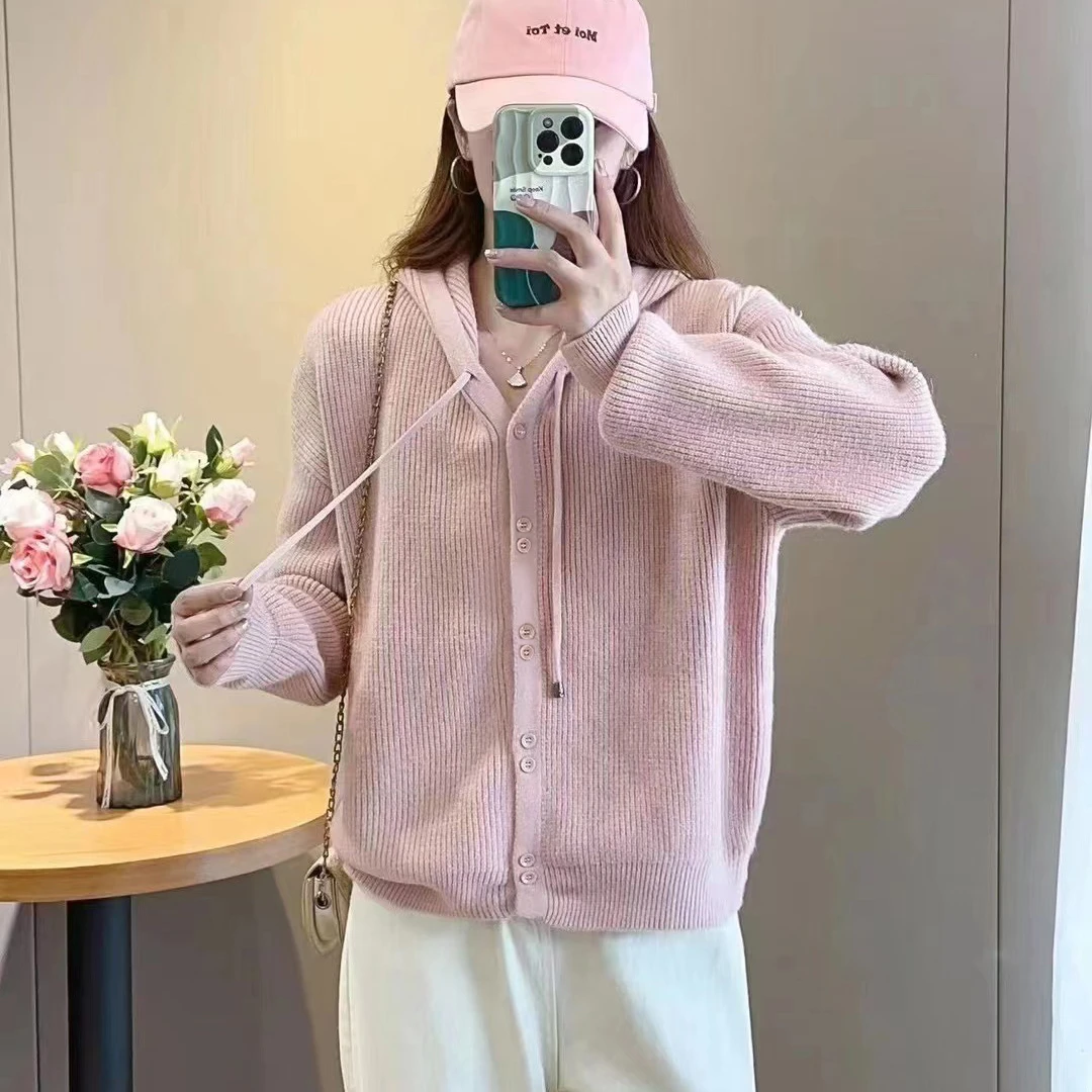 5005气质百搭毛衣针织连帽女新款外搭洋气小个子上衣针织纯色显瘦