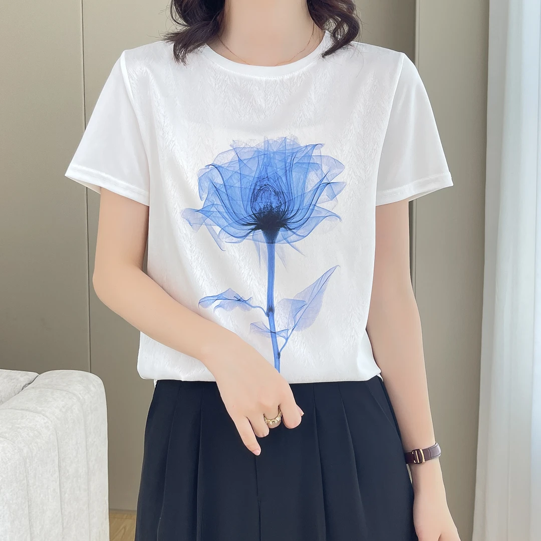 1201夏丝滑缎面冰凉感百搭时尚设计休闲女半袖T恤洋气AB拼接短袖