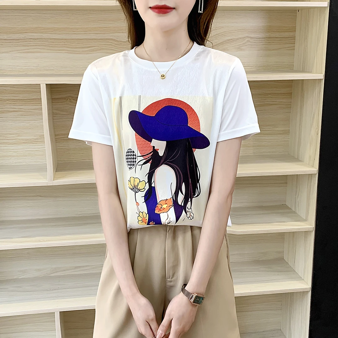1236夏滑缎面冰凉感百搭时尚印花休闲女半袖T恤洋气AB拼接短袖