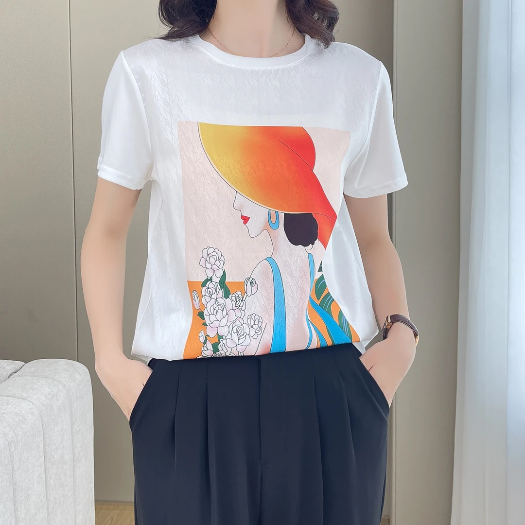 1206夏丝滑缎面冰凉感百搭时尚设计休闲女半袖T恤洋气AB拼接短袖