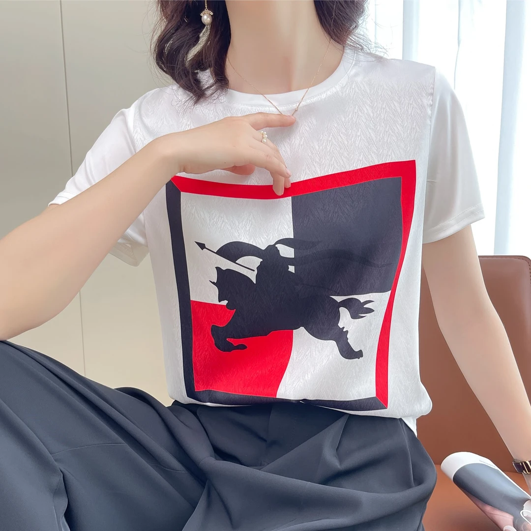 1354夏丝滑缎面冰凉感百搭时尚设计休闲女半袖T恤洋气AB拼接短袖
