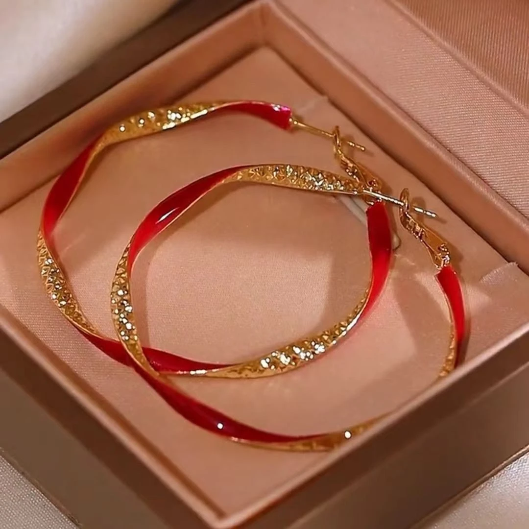 铜合金耳饰 925银针红色滴釉复古扭纹独特耳圈2024年新款小众耳环