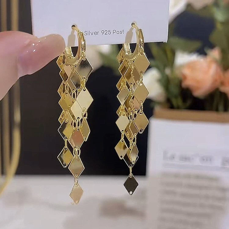 铜合金耳饰 小众设计高级感金色菱形亮片流苏耳环女时尚气质