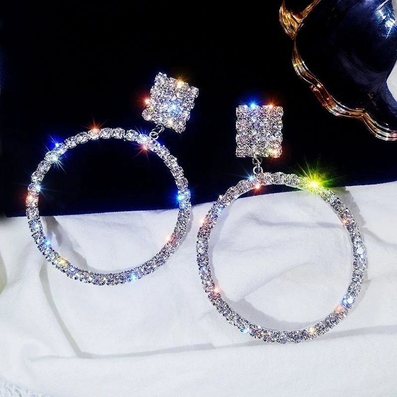 合金耳饰 新款耳环水钻大圆圈耳环欧美夸张耳饰个性百搭气质耳坠