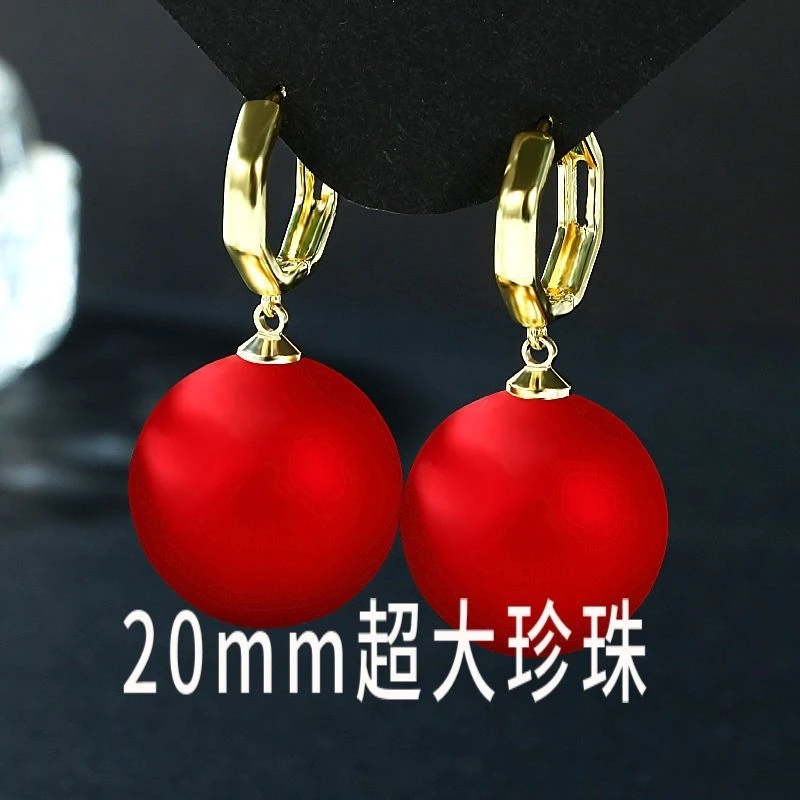 合金耳饰 超大仿珍珠耳环国风高档耳扣时尚气质磨砂金色大珠高贵