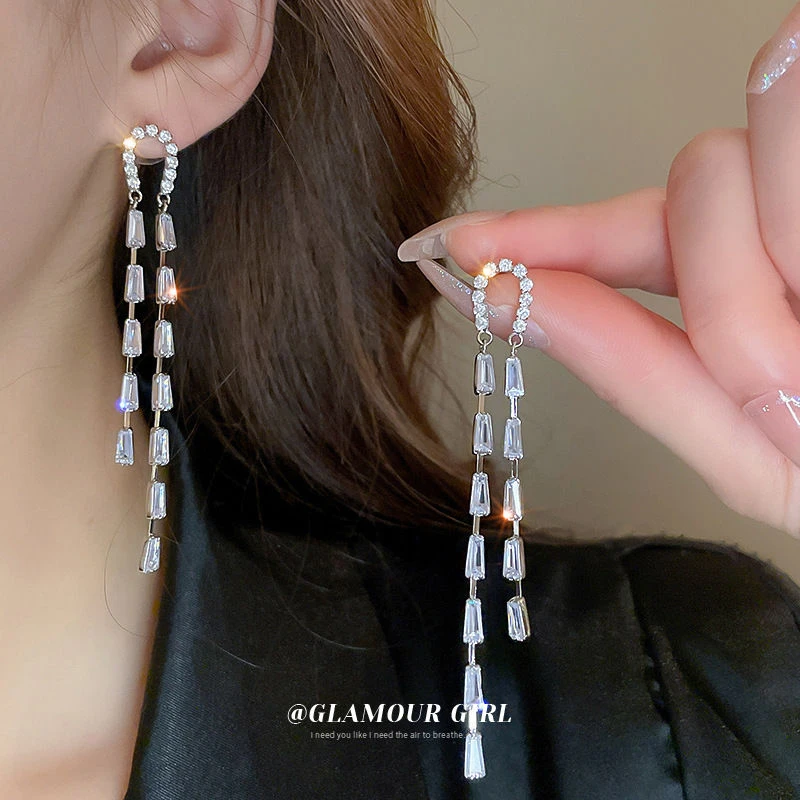 超闪锆石镶钻形长款流苏耳环时尚轻奢耳钉小众高级感耳饰女
