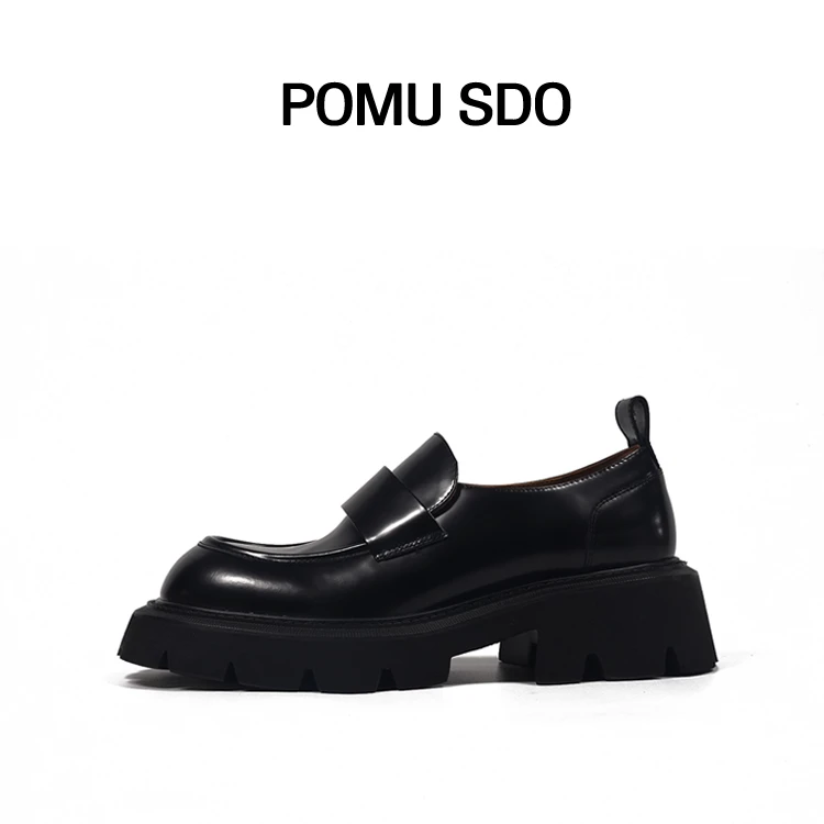 POMO SDO 男士时尚百搭黑色开边珠乐福鞋大头厚底休闲男皮鞋