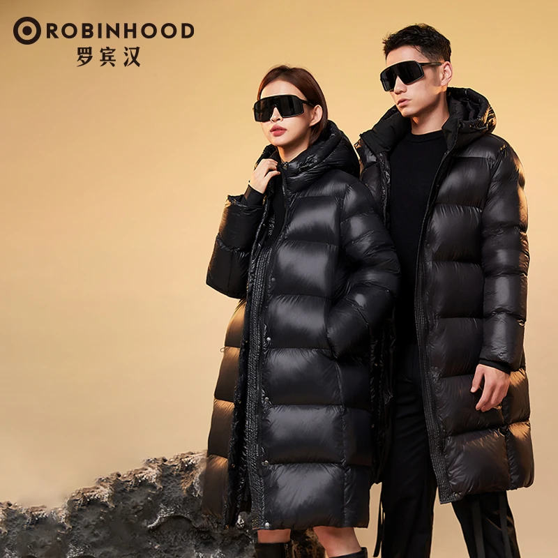 罗宾汉黑色金标秋冬连帽中长款保暖加厚羽鸭绒服