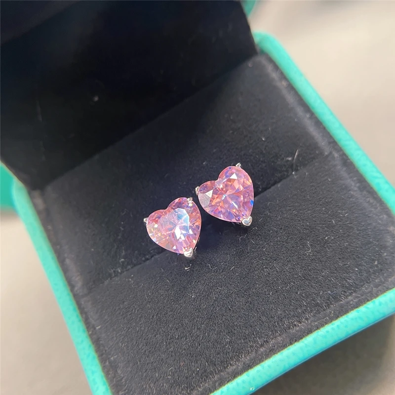 铜合金合成锆石耳饰 新款轻奢设计款粉色爱心形耳钉-ZZ258/1297