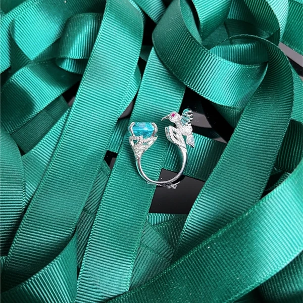 铜合金合成锆石戒指 高定重工轻奢精致时尚蓝色蜂鸟戒指-ZZ232