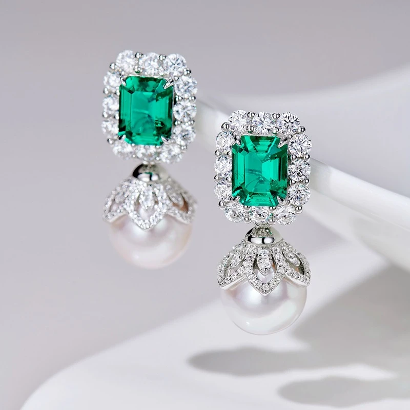 铜合金仿珍珠耳饰 绿色名媛风公主方设计款耳钉E0331-1703