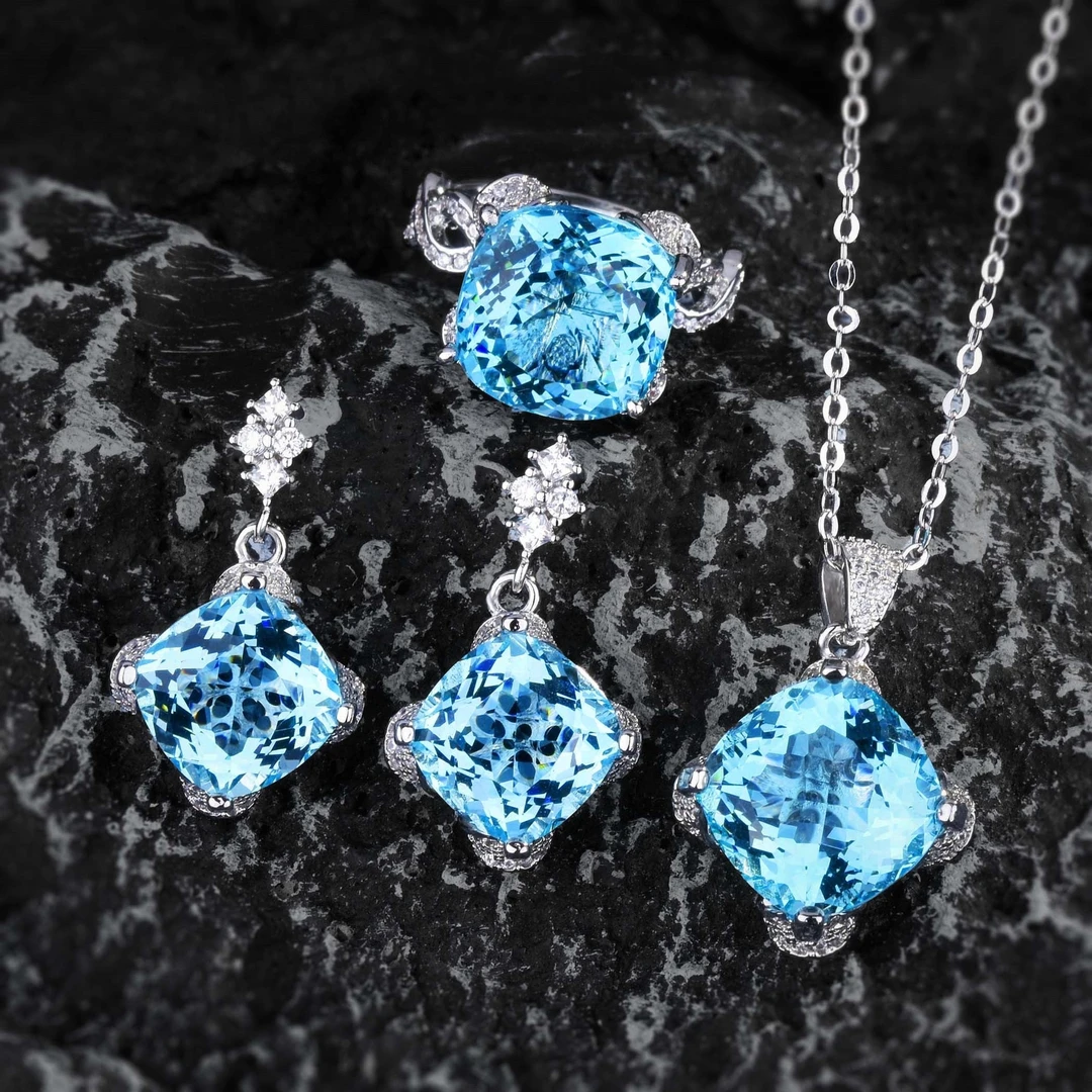 铜合金合成锆石耳饰 轻奢气质百搭海蓝设计肥方耳钉MSR270-2028