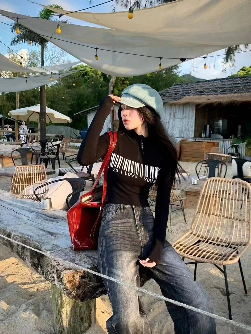 美式辣妹性感短款上衣女秋季显身材长袖t恤半高领紧身打底衫内搭
