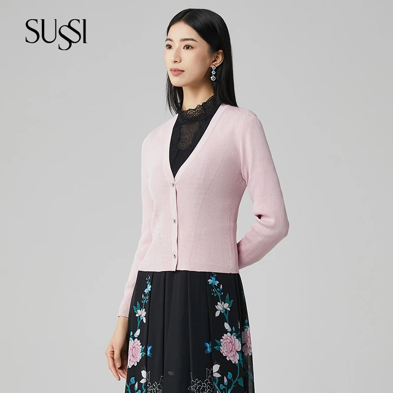 SUSSI/古色粉色通勤风V领长袖针织毛衣外套女