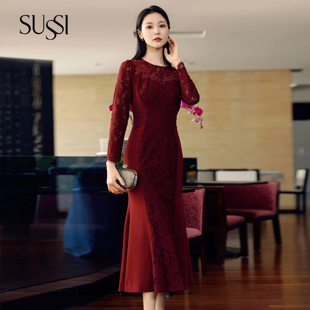 SUSSI/古色24秋商场同款新年红装喜婆婆婚宴装鱼尾连衣裙礼服女