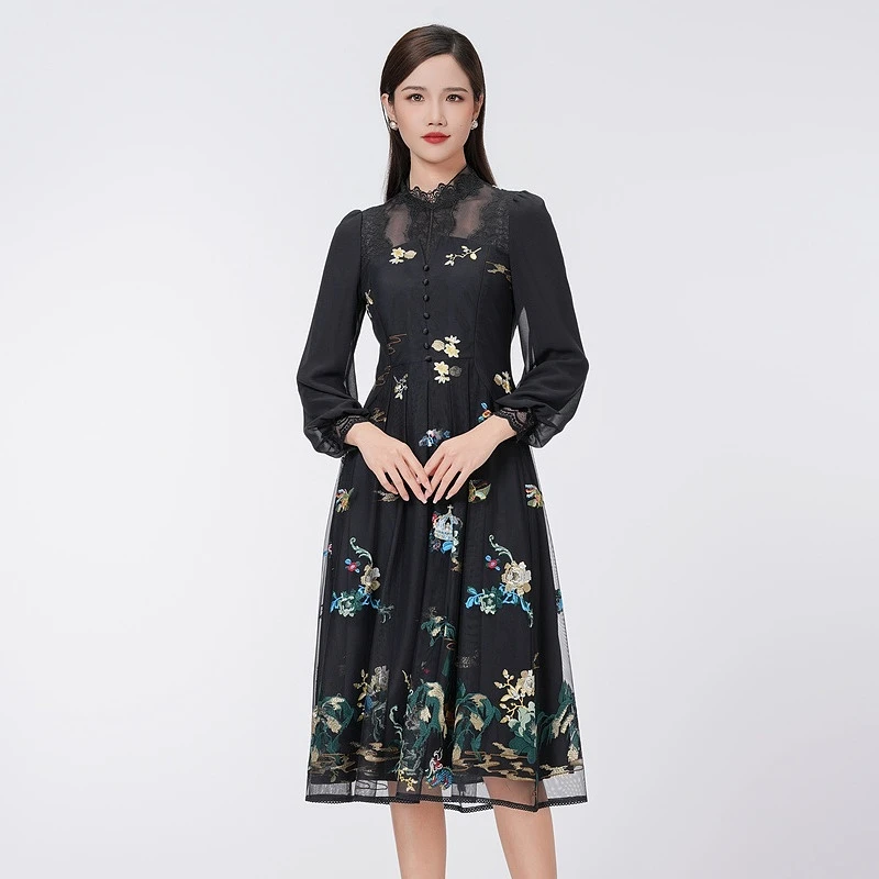 SUSSI/古色【爱丽丝梦游仙境】黑色灯笼袖连衣裙长袖气质