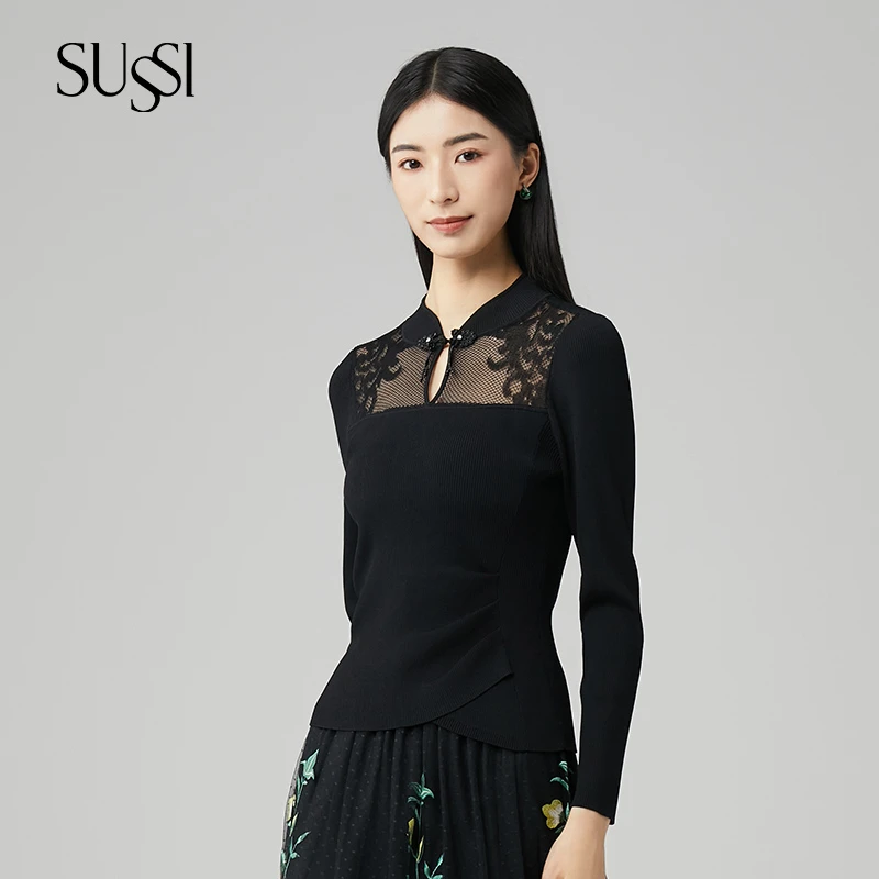 SUSSI/古色黑色新中式设计感镂空针织上衣女