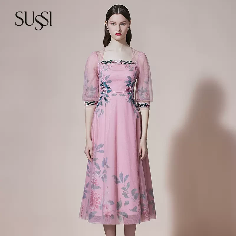SUSSI/古色【花间令】度假穿搭出游粉色短减龄印花刺绣中式连衣裙女