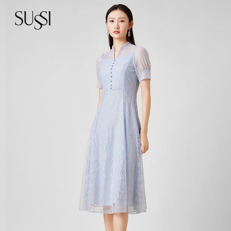 SUSSI/古色【白云浅夏】蓝立领短袖泡泡袖中长款蕾丝连衣裙度假穿搭