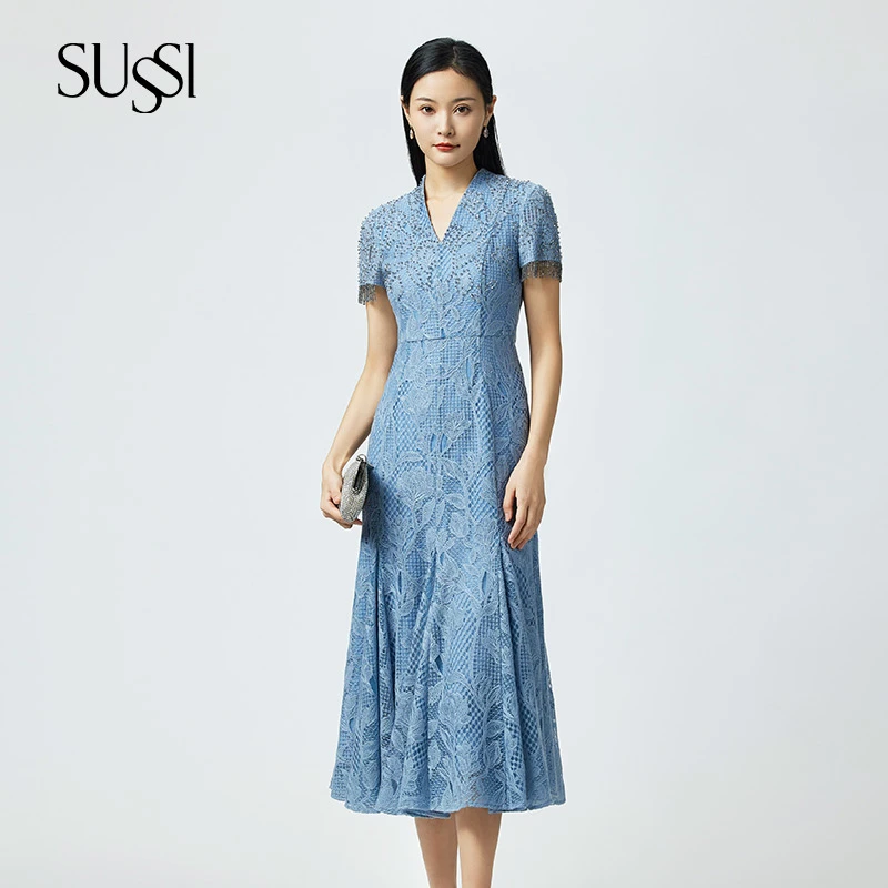 SUSSI/古色前V后立领短袖钉珠鱼尾摆连衣裙夏季气质显瘦蕾丝