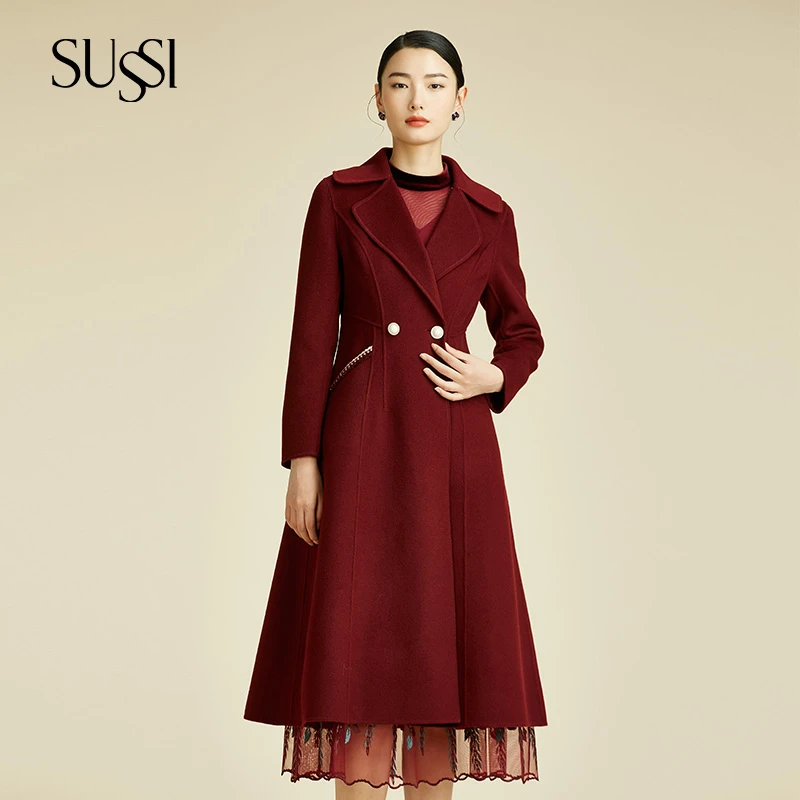 SUSSI/古色冬季气质百搭新年红装婚宴礼服双面呢大衣外套女
